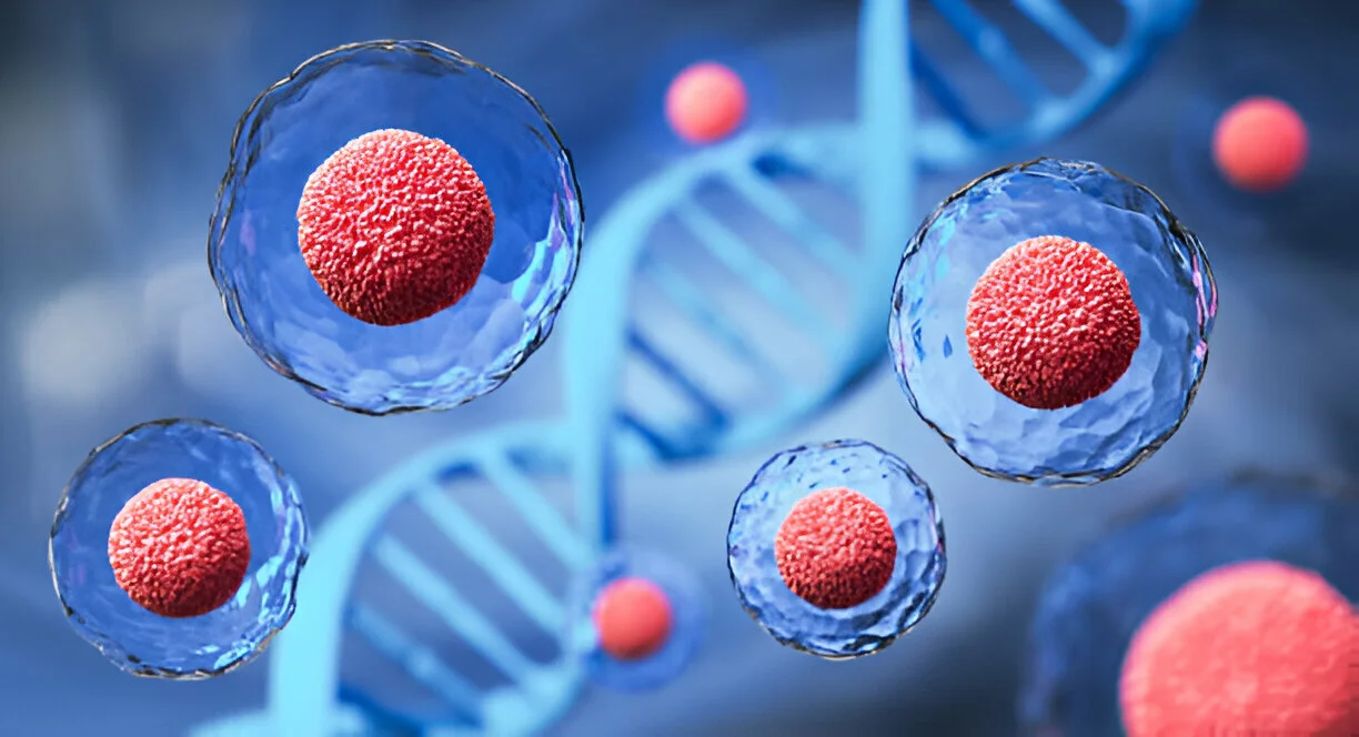 Representation of stem cells with a DNA helix in the background