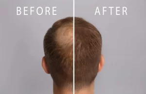  Side-by-side comparison showing "Before" and "After" results of hair regeneration treatment, demonstrating improved hair density and reduced bald spots.