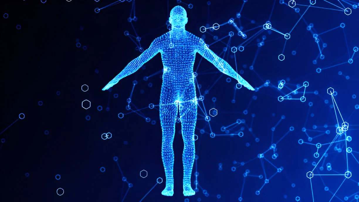 A glowing, digital human body figure with a wireframe molecular network, representing the scientific and regenerative principles of stem cell therapy in Del Mar, CA.