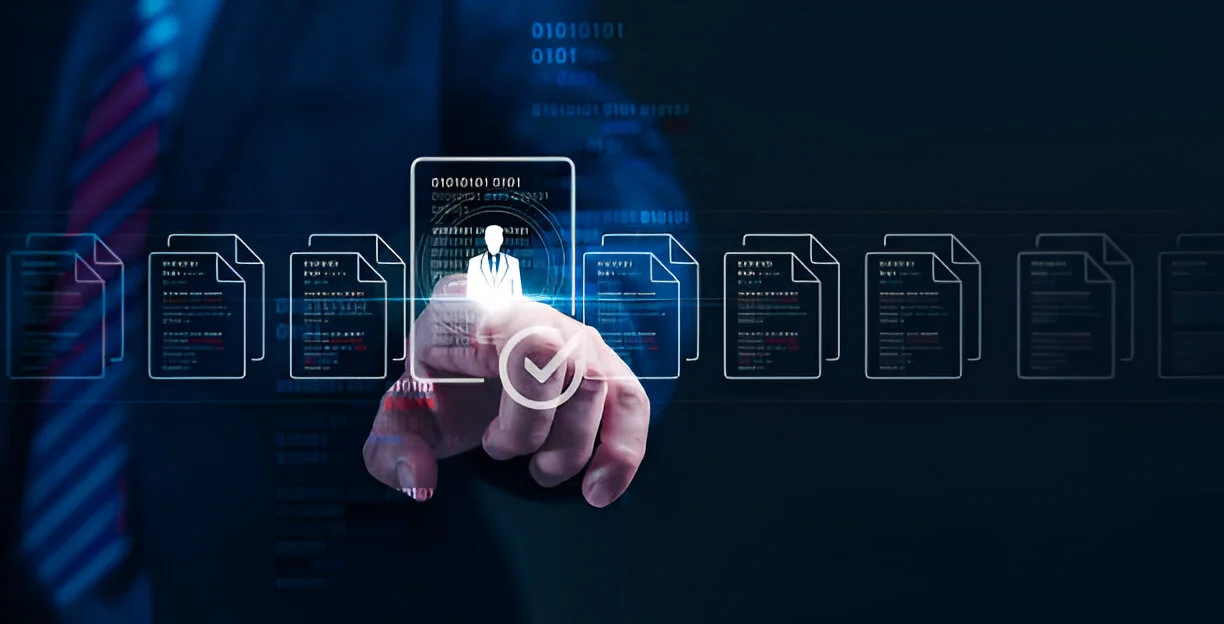 A doctor's hand selecting a digital patient file with a green checkmark, representing the qualification and approval process for stem cell therapy in Del Mar, CA