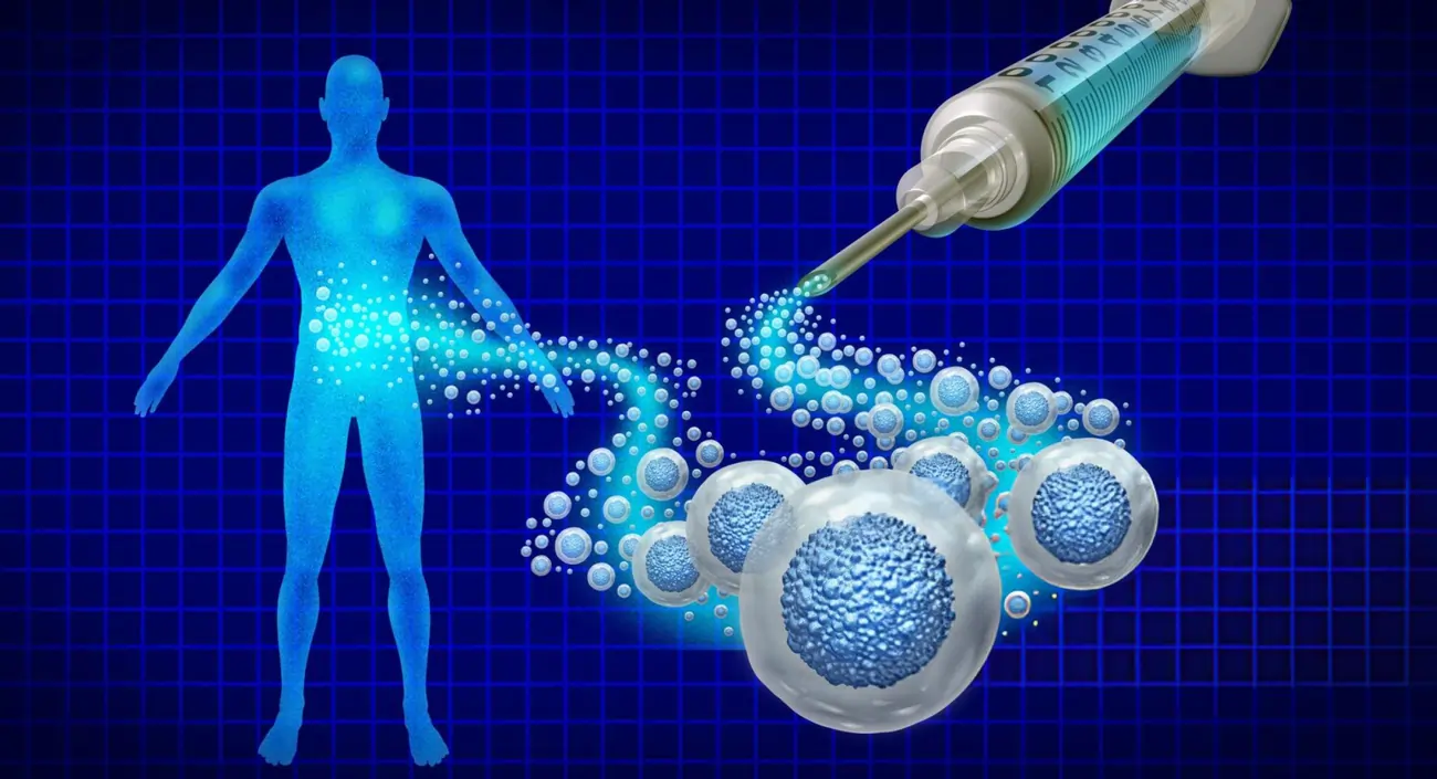 A scientific illustration showing a human silhouette receiving an injection of stem cells, which travel through the body to heal and regenerate damaged tissue.