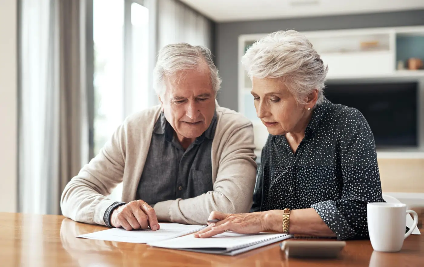 An older man and woman review paperwork together, focused on their finances.